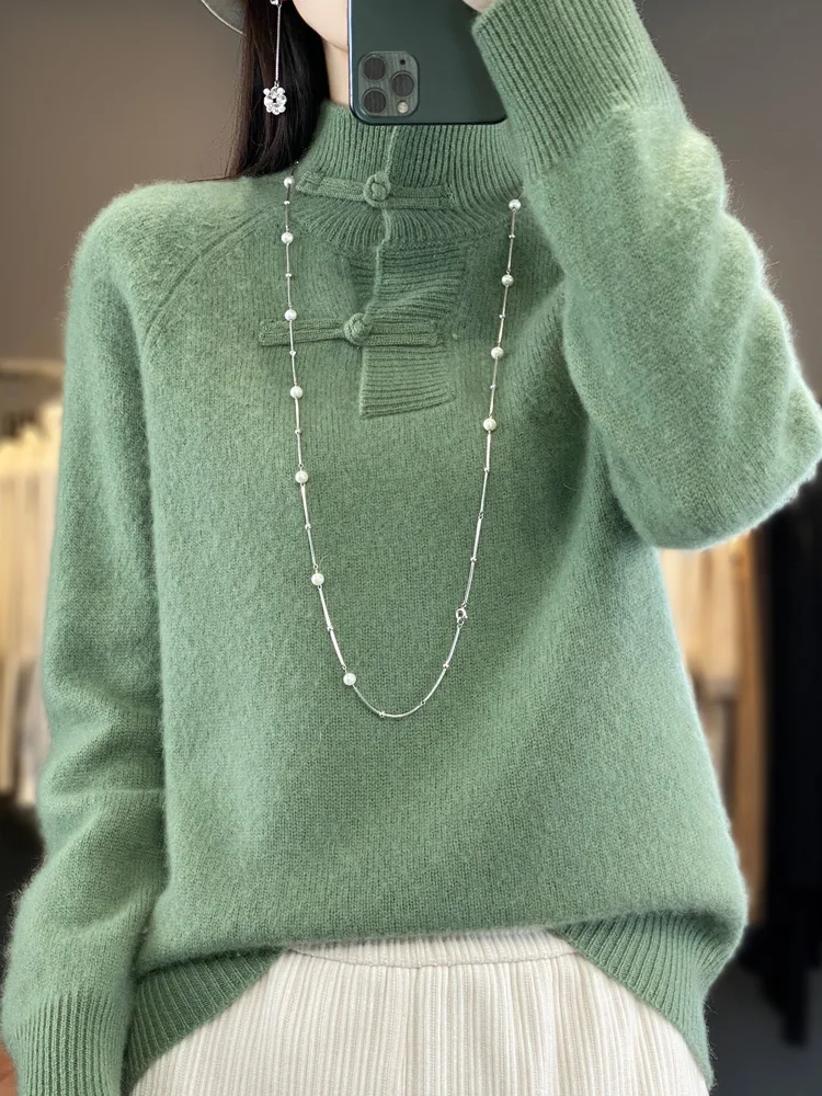 Women 100% Merino Wool Sweater Mock Neck Thick Chinese Knot Button Pullovers Autumn Winter Cashmere Knitwear Warm Soft Clothes