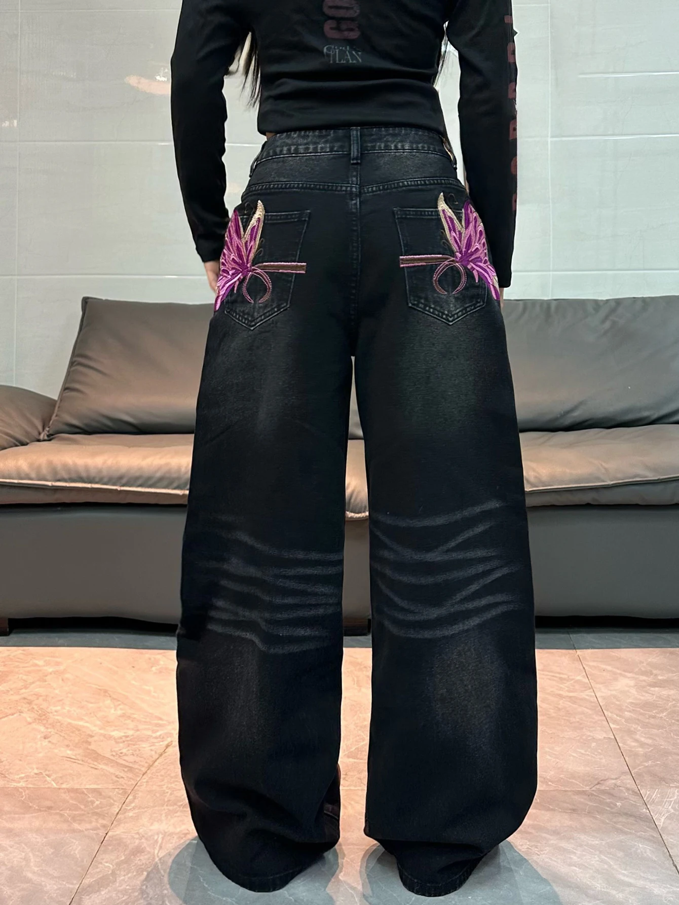American Vintage Butterfly Embroidery Design Black Women's Loose Wide-Leg Jeans Y2K Street Fashion Versatile Straight-Leg Pants