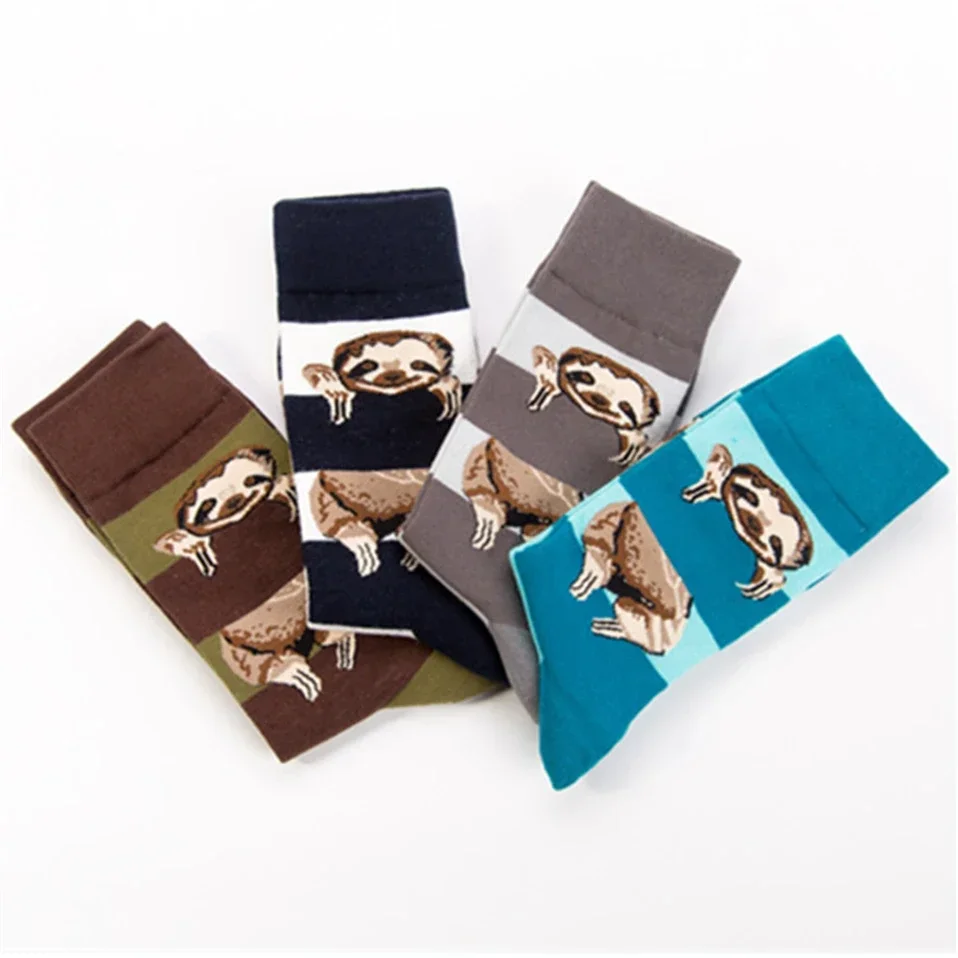 4 Pair/Lot Personality Animal Sloth Autumn Winter Street Style Men\'s Socks Funny Happy Socks Combed Cotton Men Socks Female Sox