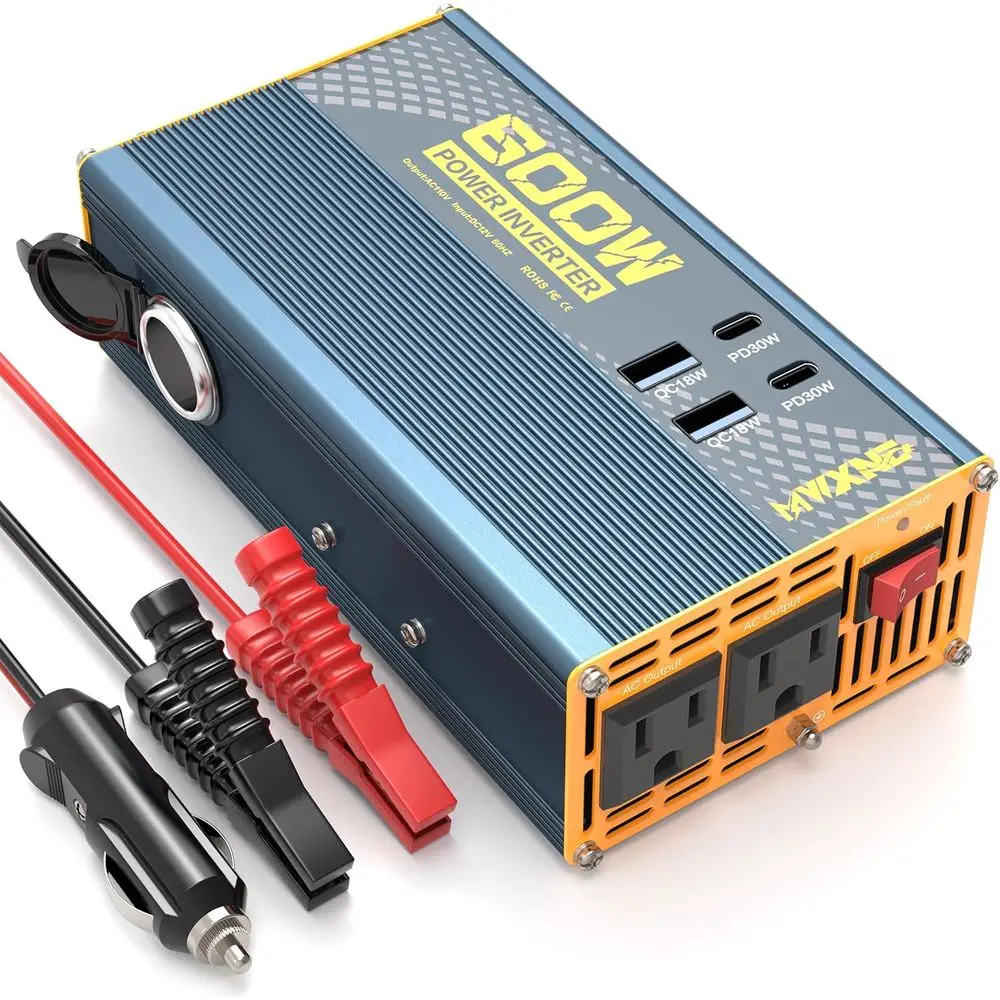

600W Car Power Inverter - 12V DC to 110V AC Converter with 1 Cigarette Lighter Outlet, Dual 30W USB-C, and Dual QC18W USB-A Fast