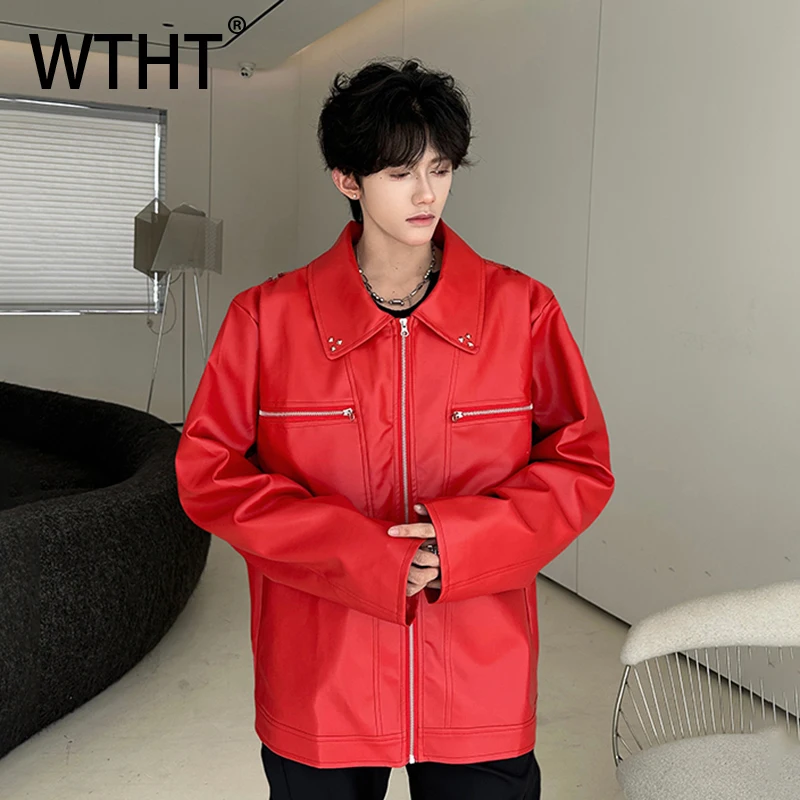 

WTHT Trendy Men's Spliced Zipper Design Leather Coats Fashion 2025 Autumn Turn Down Collar Long Sleeves Jackets Male 2A2460