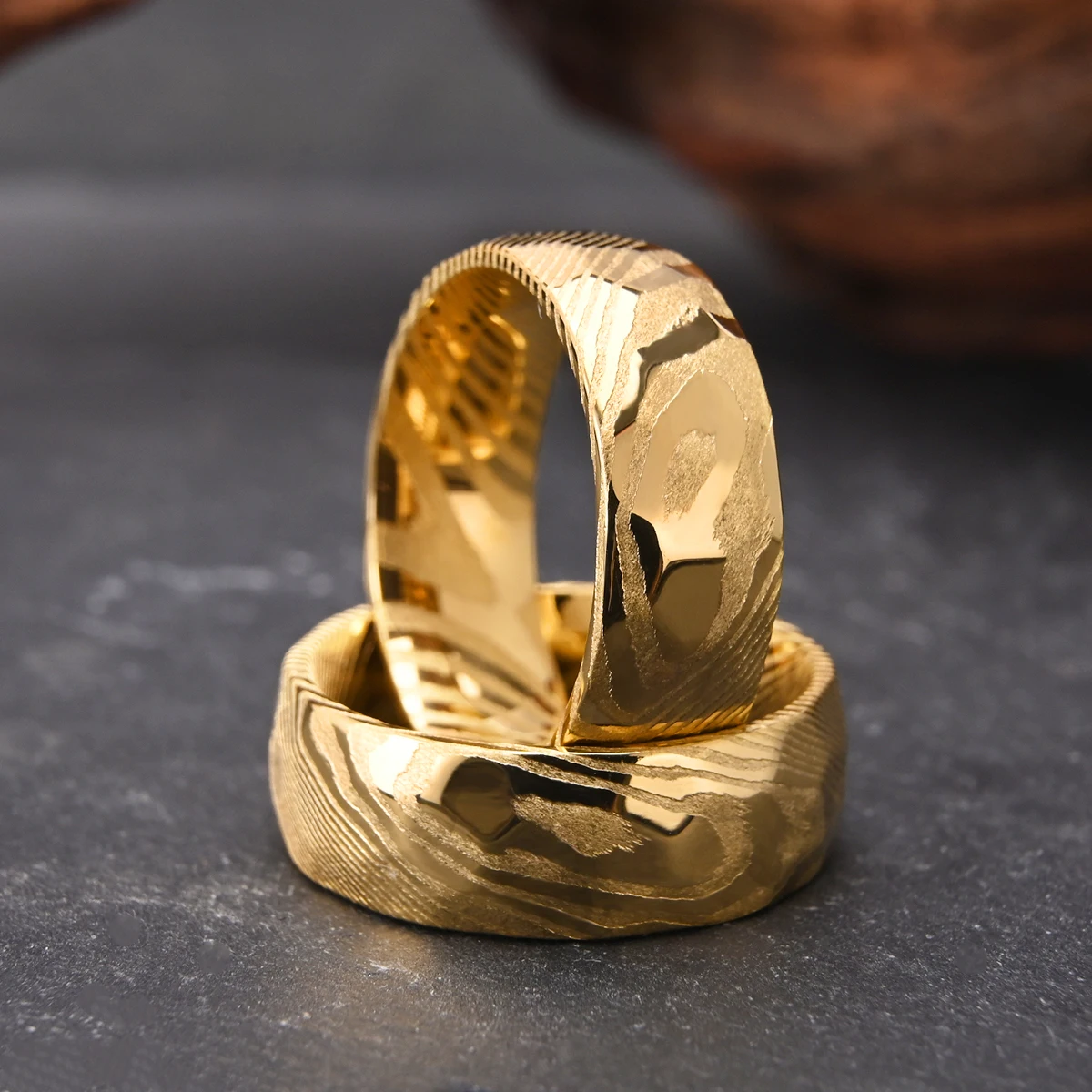 8MM Golden Damascus steel ring Fashion Jewelry Hammered  Men's Wedding Bands High Quality Engagement Promise Rings Comfort fit