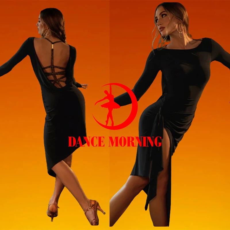 

zym Women's Latin Dance Practice Dress Female High Slit Design Stage Performance Dancewear Cha Cha Samba Rumba salsa dress25089