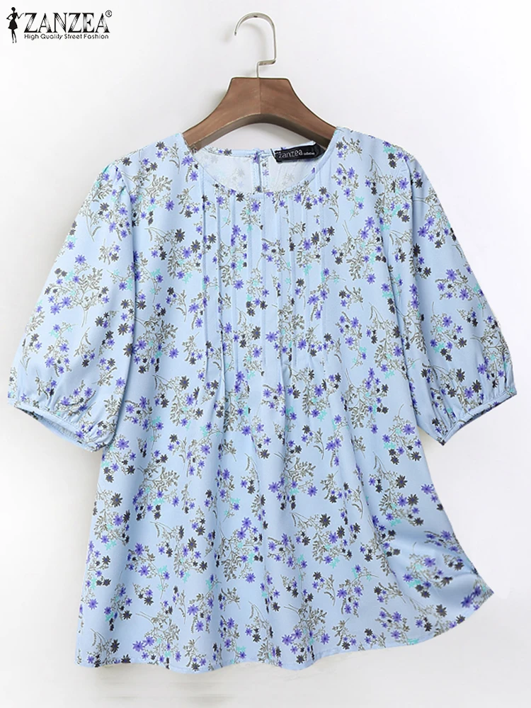 ZANZEA Floral Blouses Summer Bohemain Holiday Shirt Women Casual Short Sleeve Printed Tunic Tops Pleated Blusas Loose Chemise