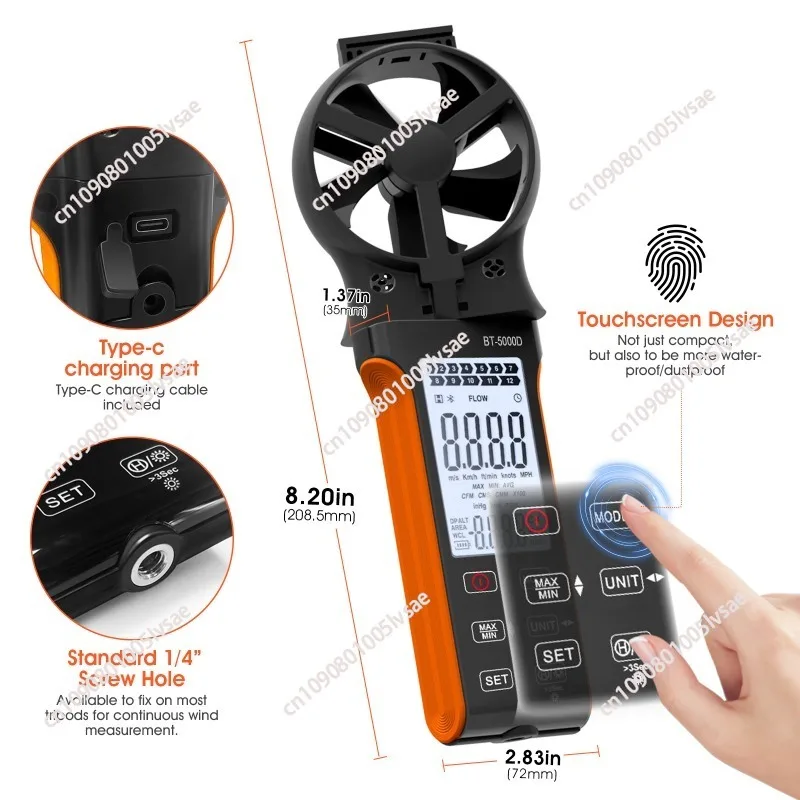 5000D Handheld CFM Wind Speed Meter,HVAC Anemometer, Rotatable Wind Sensor, Measure Air Flow Velocity, Wind Volume