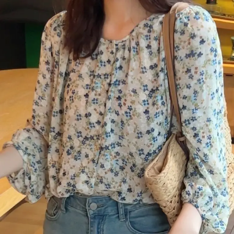 

Fashion Chiffon Floral Long-sleeved Shirt for Women 2025 Spring and Autumn New Casual Loose Top