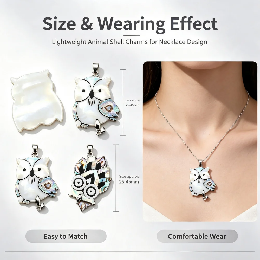 Cute Owl-shaped Single-sided Mixed-color Shell Stitching Pendant With Melon Seed Buckle DIY Exquisite Necklace Jewelry Accessory