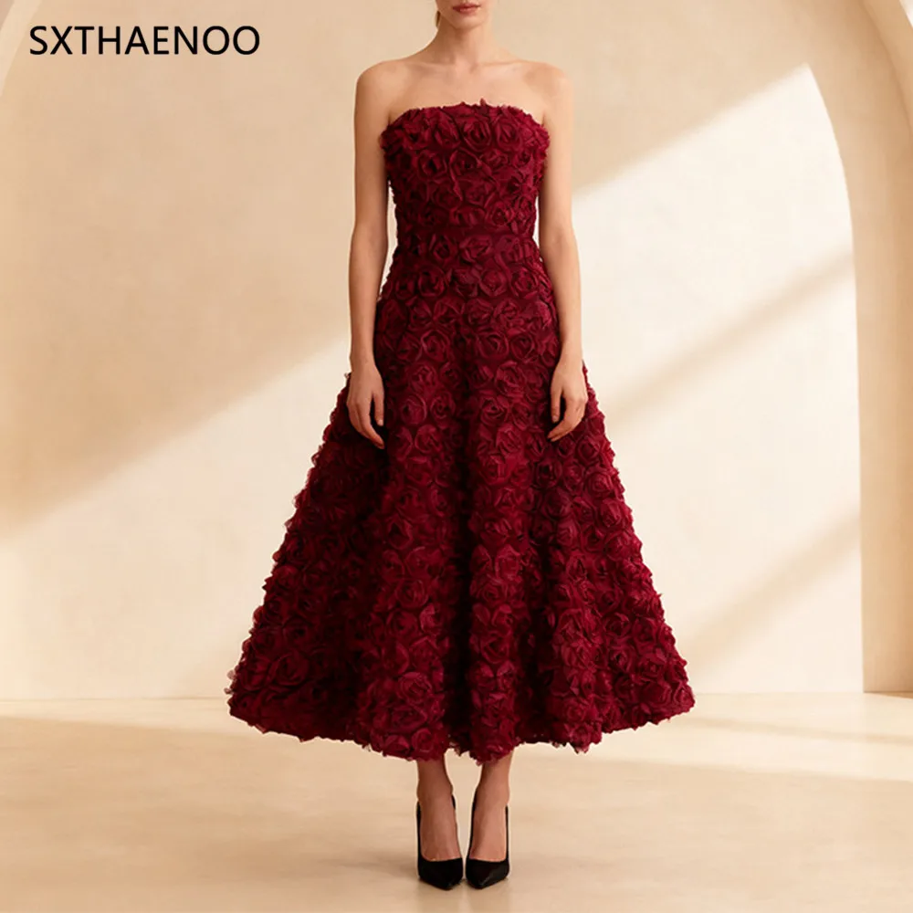 SXTHAENOO مثير حمالة ثلاثية الأبعاد زهرة الزهور فستان طويل المرأة بورجوندي بلا أكمام عارية الذراعين الأزهار ألف خط فساتين السهرة حفلة