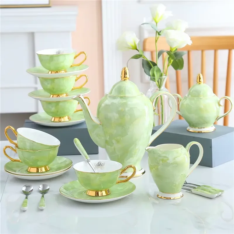 Luxury and elegant style marble pattern Phnom Penh ceramic tea set (teapot + teacup + sugar jar) Multi-color: light