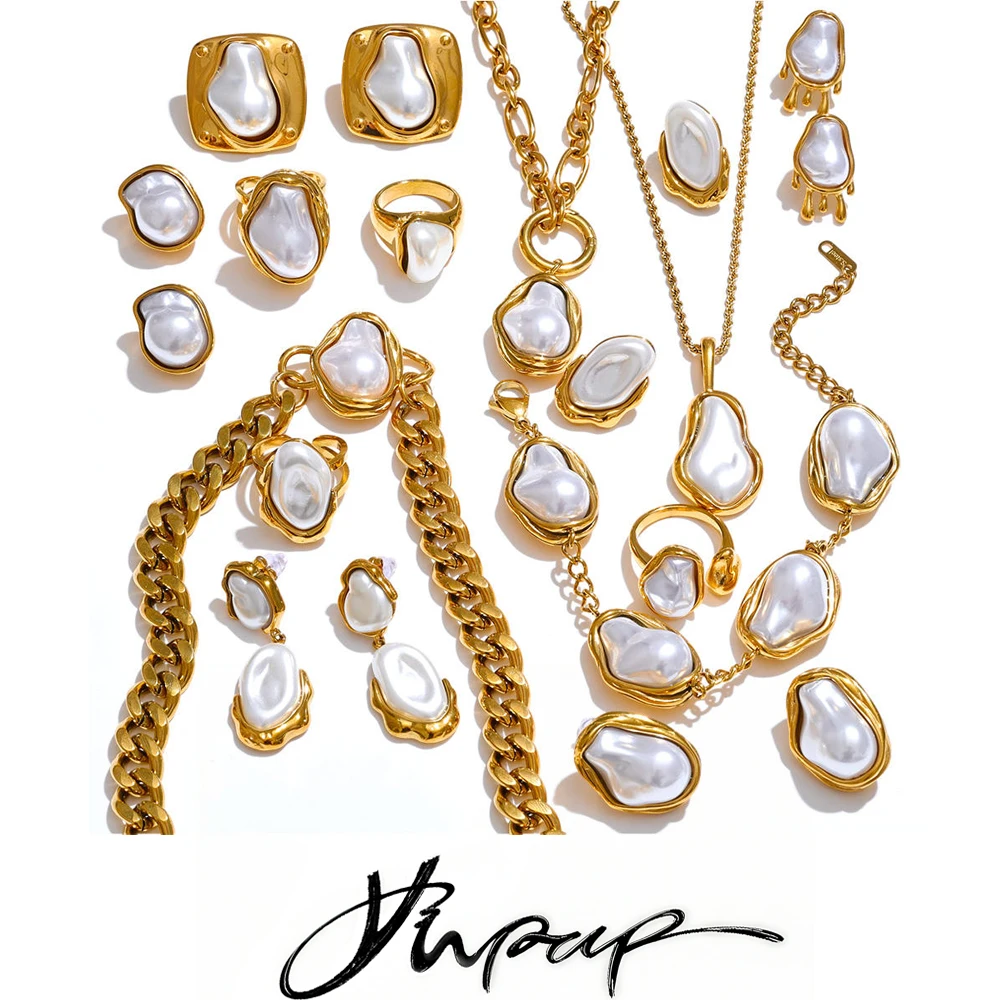 Yhpup Großhandel Mode Edelstahl Vergoldet Barock Perlen Schmuck Set Wasserdicht Hochzeit Party Halskette Ring Armband