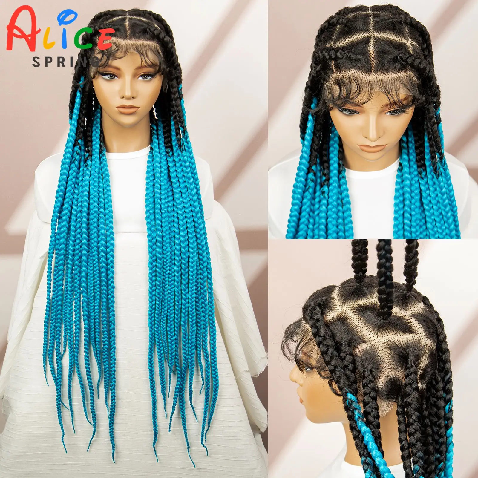 Blue Knotless Box Braided Wigs 36inch Synthetic Transparent Full Lace Braids Wig For Black Women Braided Lace Wig with Baby Hair