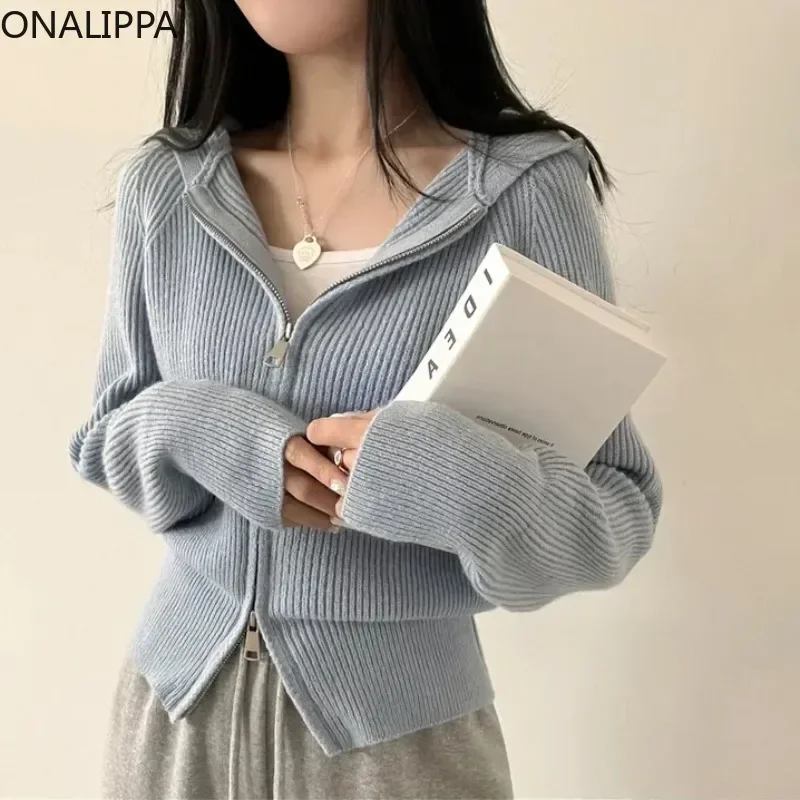 Onalippa Hooded Solid Pit Striped Knitted Cardigan Double Zippers Long Sleeves Cardigans Korean Fashion All Match Loose Sweater