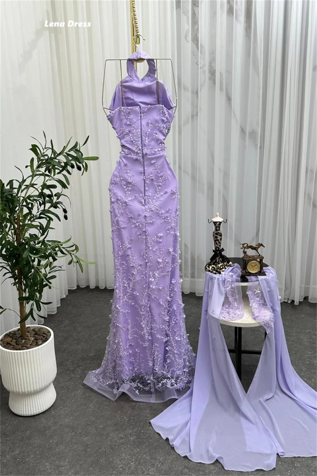 Lena Abiti da sera viola Donna Elegante Abito da festa da donna Coda di pesce Fiori personalizzati Scialle Abito da ballo di lusso 2025 Abiti da ballo