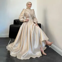 Customized Silk Satin Evening Dresses With Scarf A Line Champagne High Neck Long Sleeve Saudi Arabic Formal Woman Party Dress