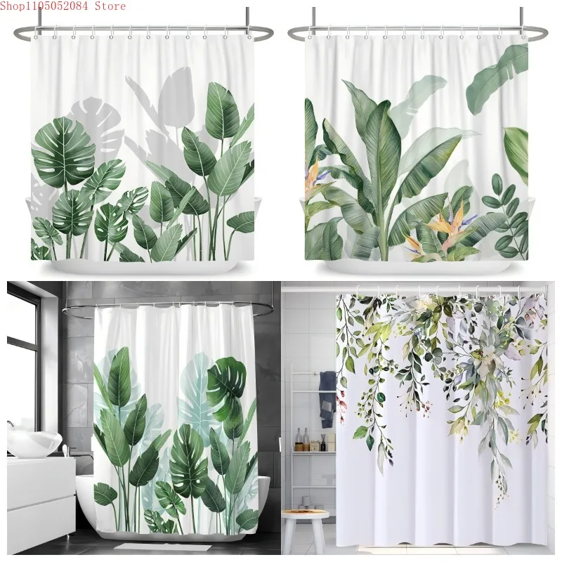 Cute Plant Pattern Shower Curtain With Hooks Waterproof Mildew Resistant Easy Install Washable For Home Bathroom Apartment