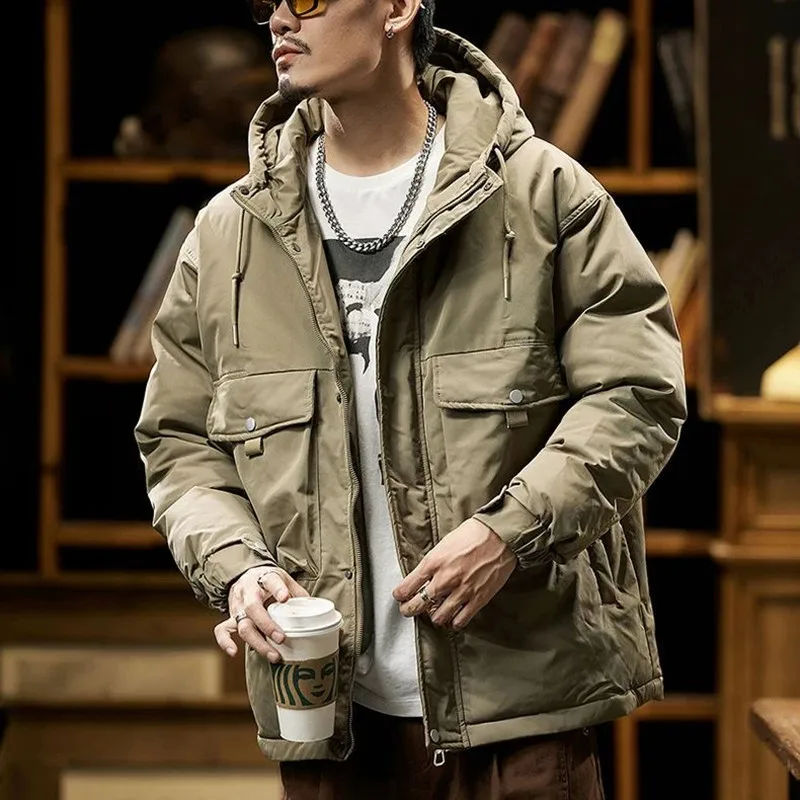 

Winter Fashion Trend American Vintage Solid Color Thickened Warm Cotton-Padded Jacket Men's Casual Loose Sports Plus Size Coat