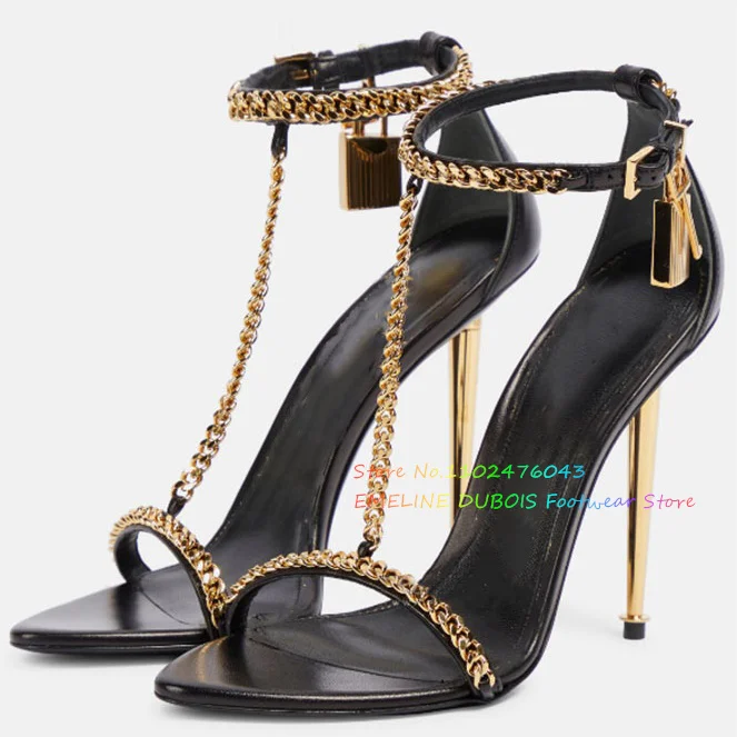 Sexy Gold T-Strap Chain Super High Heel Sandals Women Pointed Toe Metal Stiletto Heel Lock Decoration Banquet Party Shoes