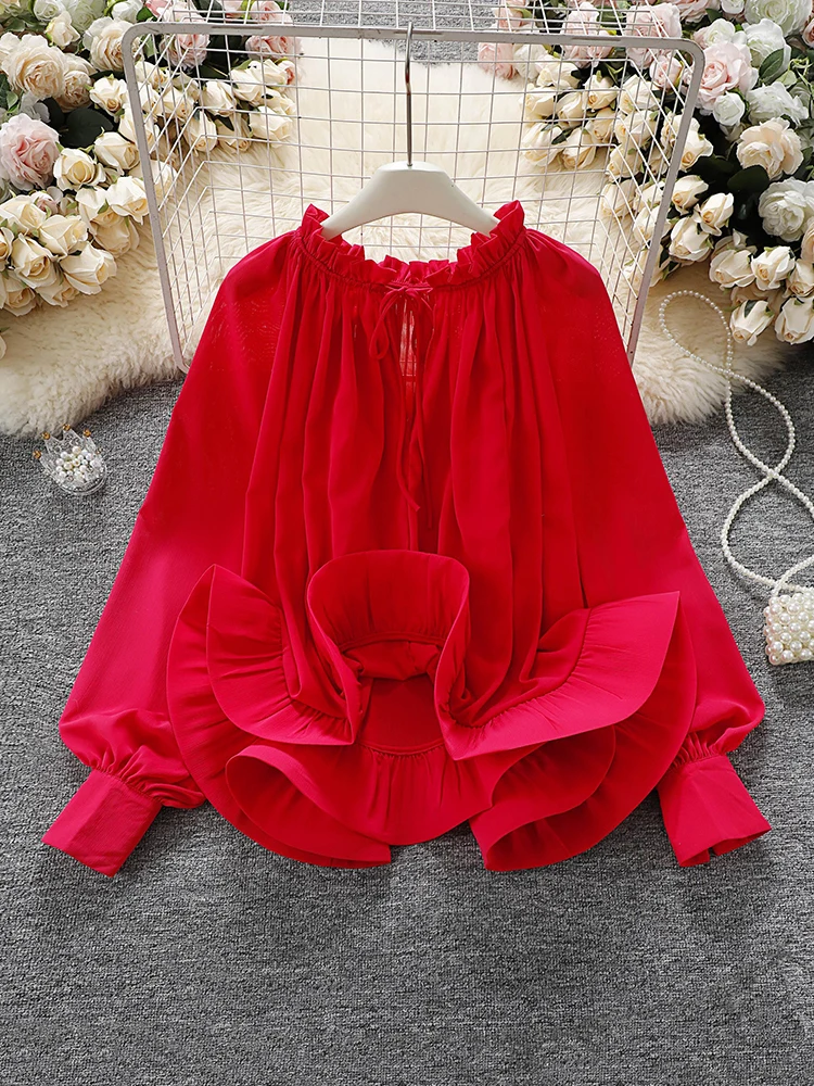 

Женские блузки 2021, весенний топ с пышными рукавами и оборками, корейская мода, женские милые шифоновые рубашки, женские Y2K, свободные Blusas Mujer