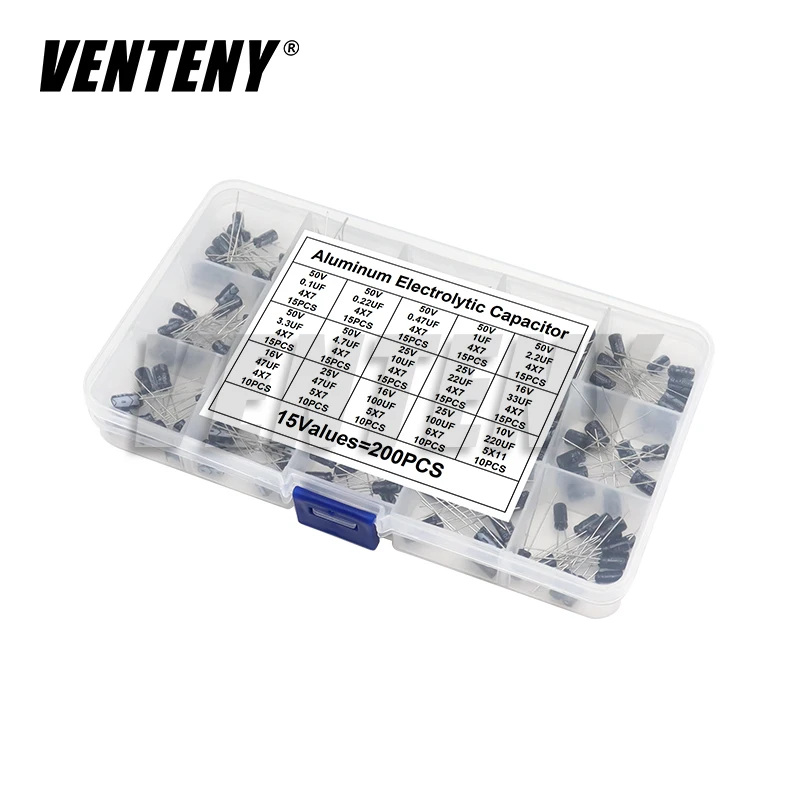 

200pcs Electrolytic Capacitor Assorted Kit 15Values 0.1UF - 220UF 10V 16V 25V 50V 100UF 47UF 22UF 10UF Aluminum Capacitance Box