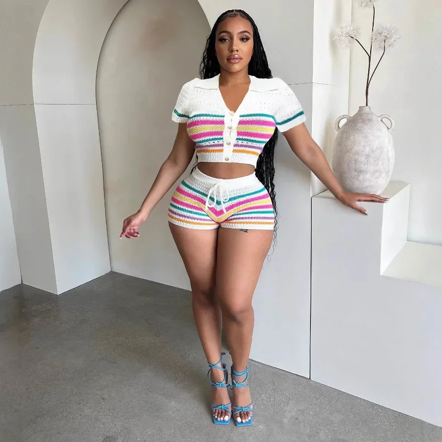 

Women Fashion Colorful Striped Patchwork Knit 2 Piece Set Turn Down Collar Short Sleeve Single Breasted Crop Tops + Shorts Suits