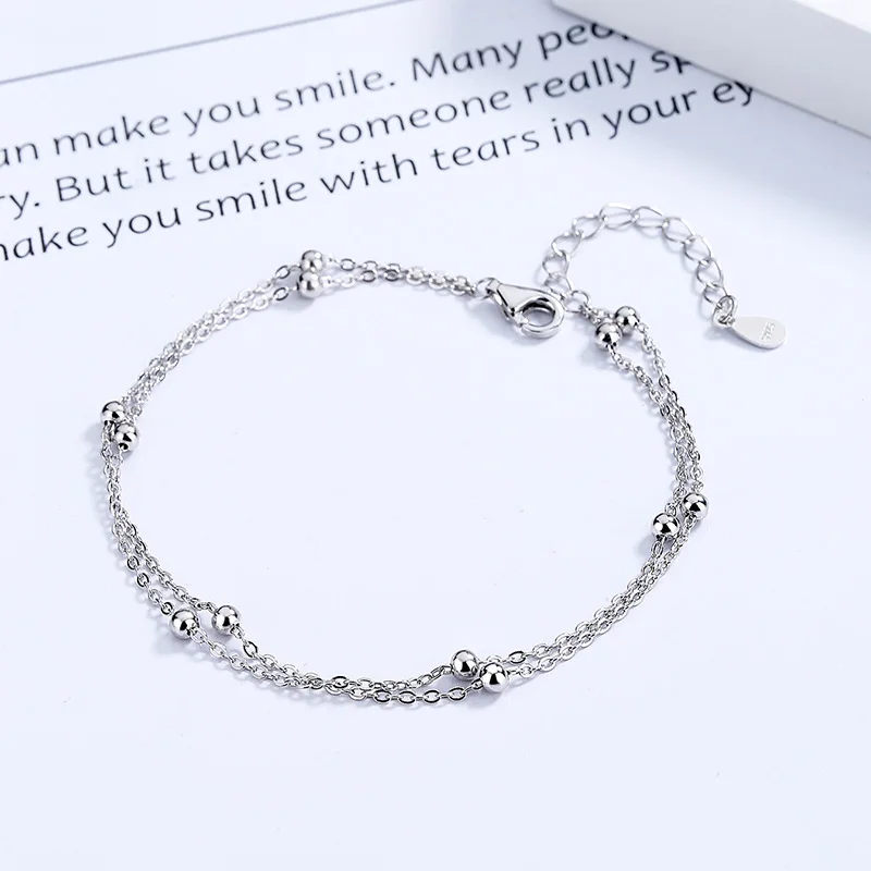 925 Sterling Silver Double Layer Bead Bracelet 16+4mm Women Minimalist Tiny Ball Chain Ins Niche Design Delicate Hand Jewelry