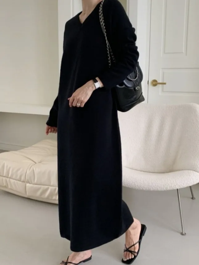 

Chic V-ne Long Sve Knitted Dr Belted Waist Slimming Soft Cozy Autumn Winter Women's Faion Casual Dr