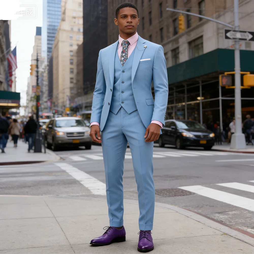 

Elegant Rose Red 3-Piece Slim Fit Men's Suit Double Breasted Blazer Vest Pants Set for Wedding Groom Tuxedo Business Party