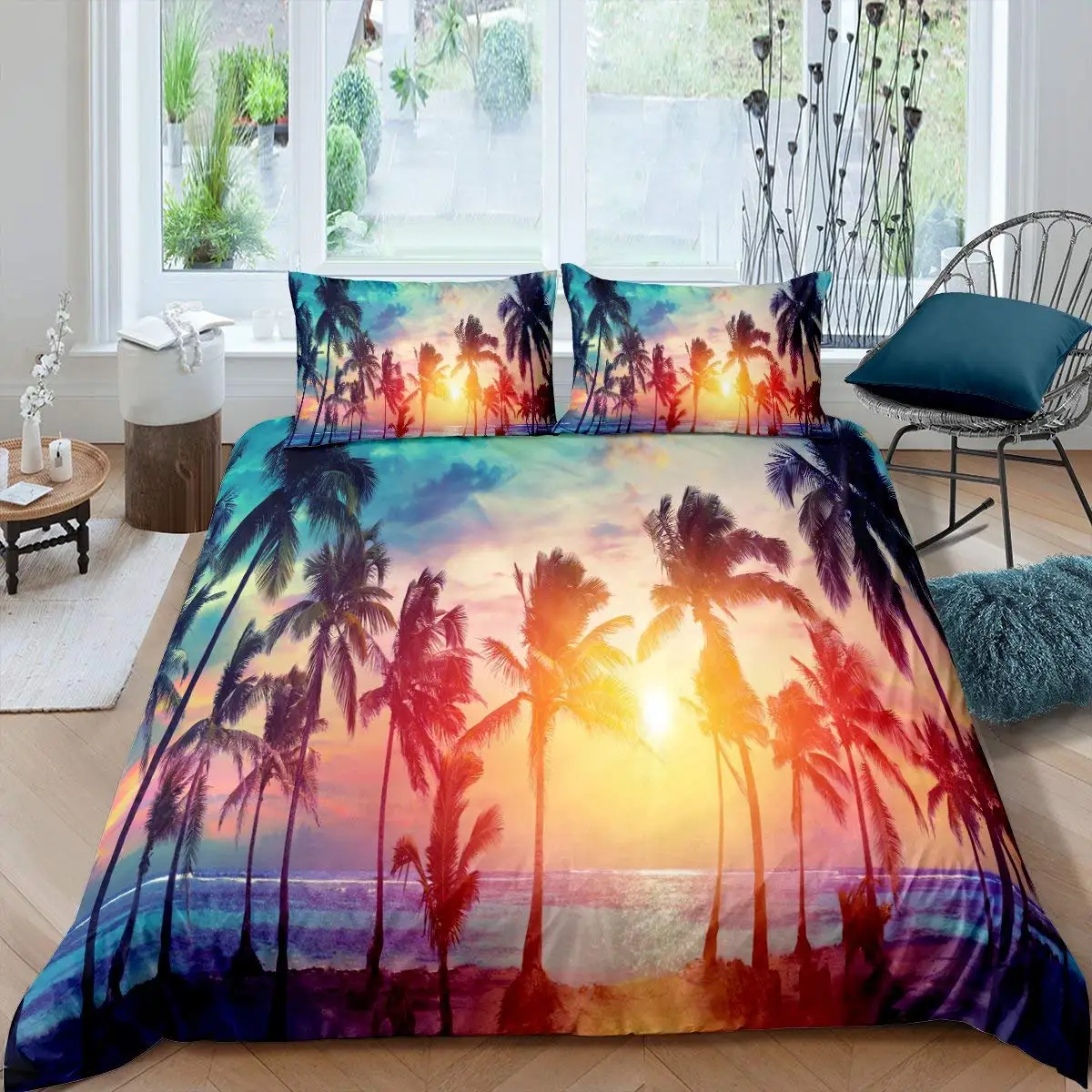 

Palm Tree Duvet Cover Set Atoll Lake Bedding Set Miami Florida Sunset Comforter Cover Atlantic Ocean Natural Scene Quilt Cover