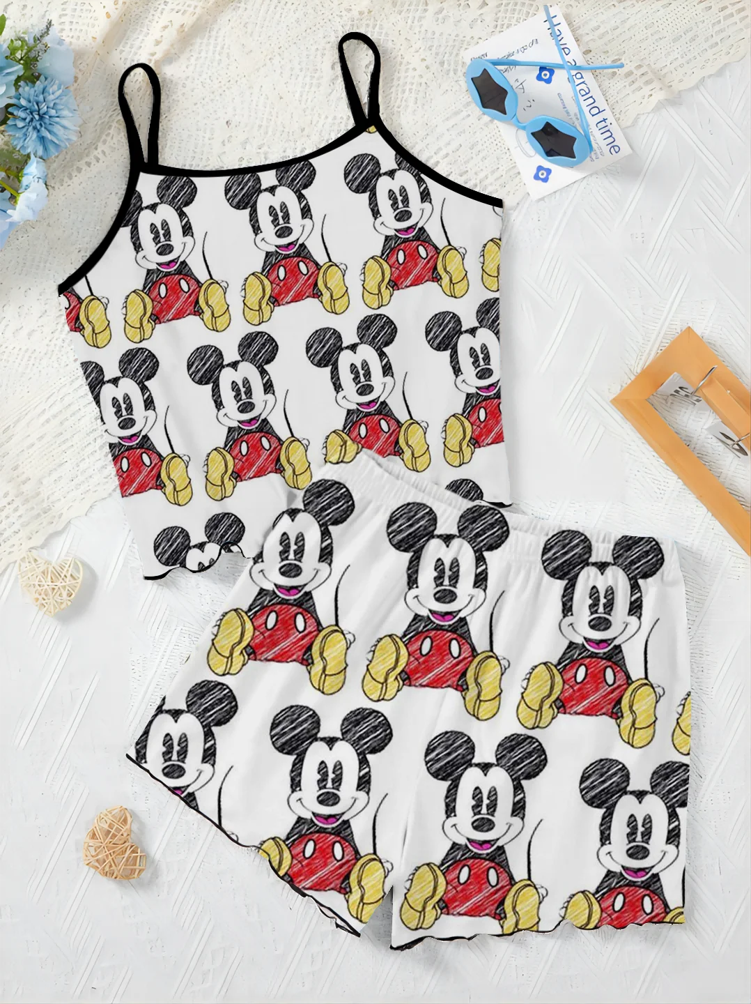 Disney-conjuntos curtos femininos, vestido para casa, saia de pijama, camiseta Mickey, guarnição de alface, Minnie Mouse, terno elegante, 2 peças