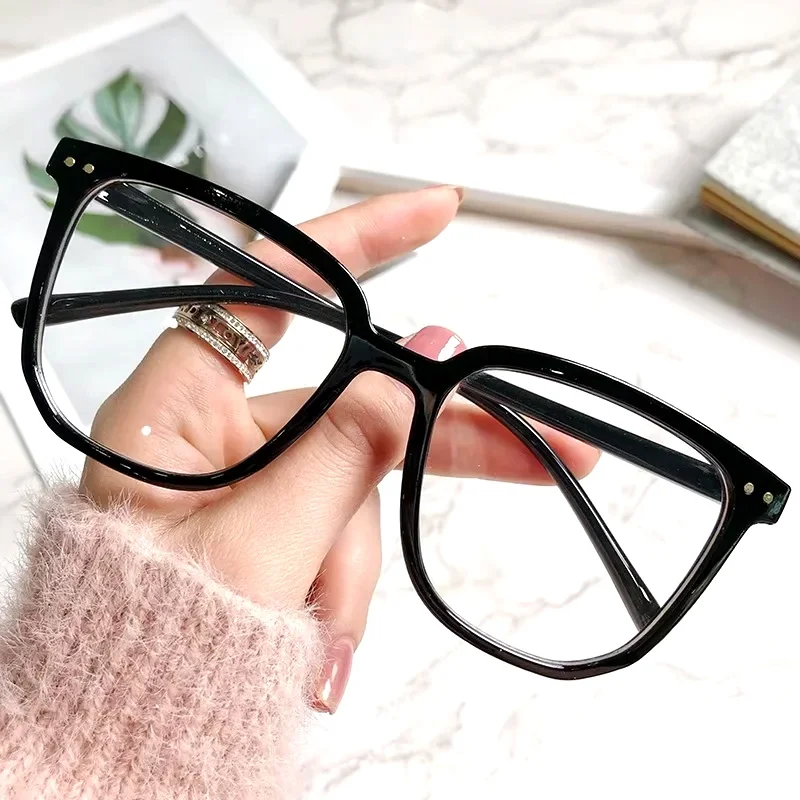 Unisex Glossy Black Square Anti Blue Light Glasses, Metal Rivet Decor PC Frame Clear Lens Computer Eyewear, Face Slimming Optical Spectacle Eyeglasses for Office Student Daily