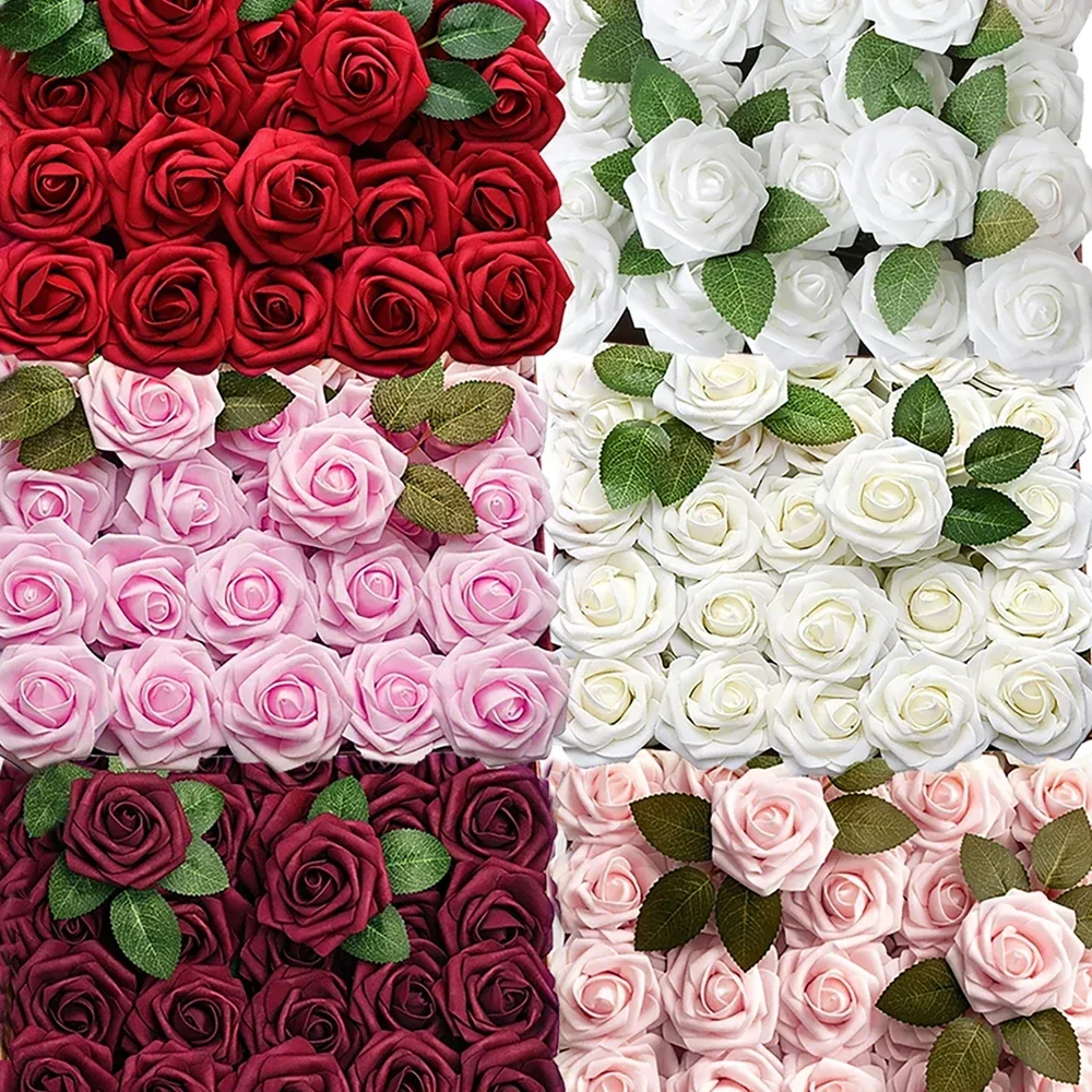 50/5Pcs Artificial Roses Flowers Foam Fake Rose Heads With Stems For DIY Wedding Bouquets Home Party Tables Decorations Supplies