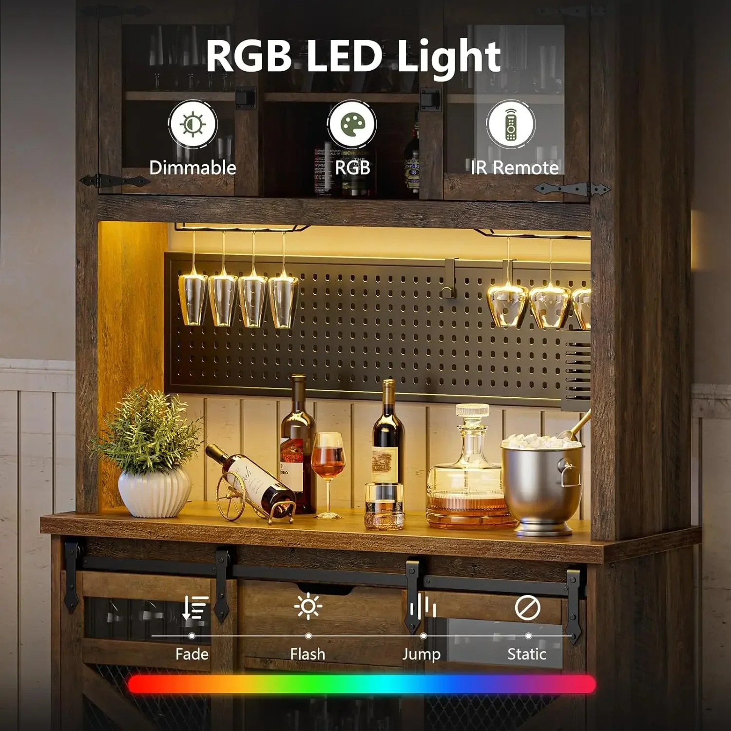 LEDライト付き70インチキッチンビュッフェ、ハッチ付き収納棚13枚、ファームハウスコーヒーバーキャビネット（電源コンセント付き）、ワインラック12個