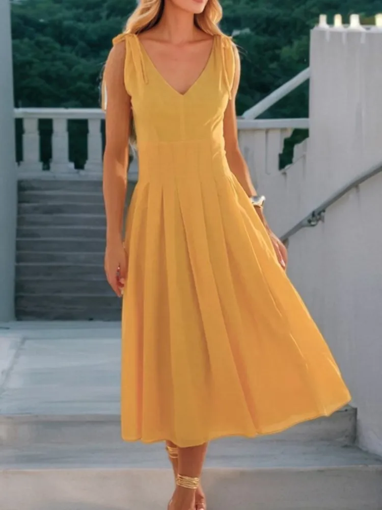 

Women's Elegant Style V-neck Tie Slim Dress Summer Fashion Mid-waist Wrap Sleeve Simple Commuting Solid Color Casual Dress