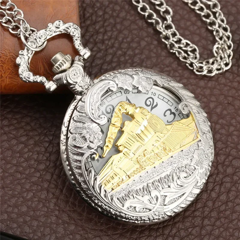 Silver Gold Train Design Watch Hollow-Out Locomotive Cover Unisex Quartz Analog Pocket Clock Arabic Numeral Necklace Chain Reloj