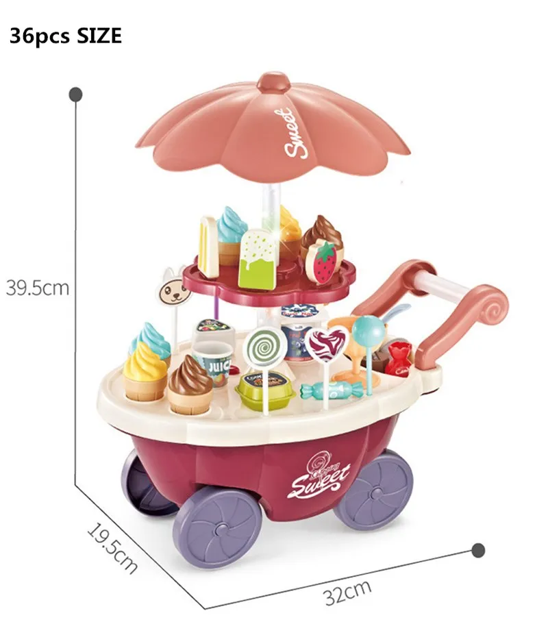 Ice Cream Montessori Toddler Toys Kitchen Toys Pretend Play Food Ice Cream Cart with Storage Trolley Toy Set for Children Gifts