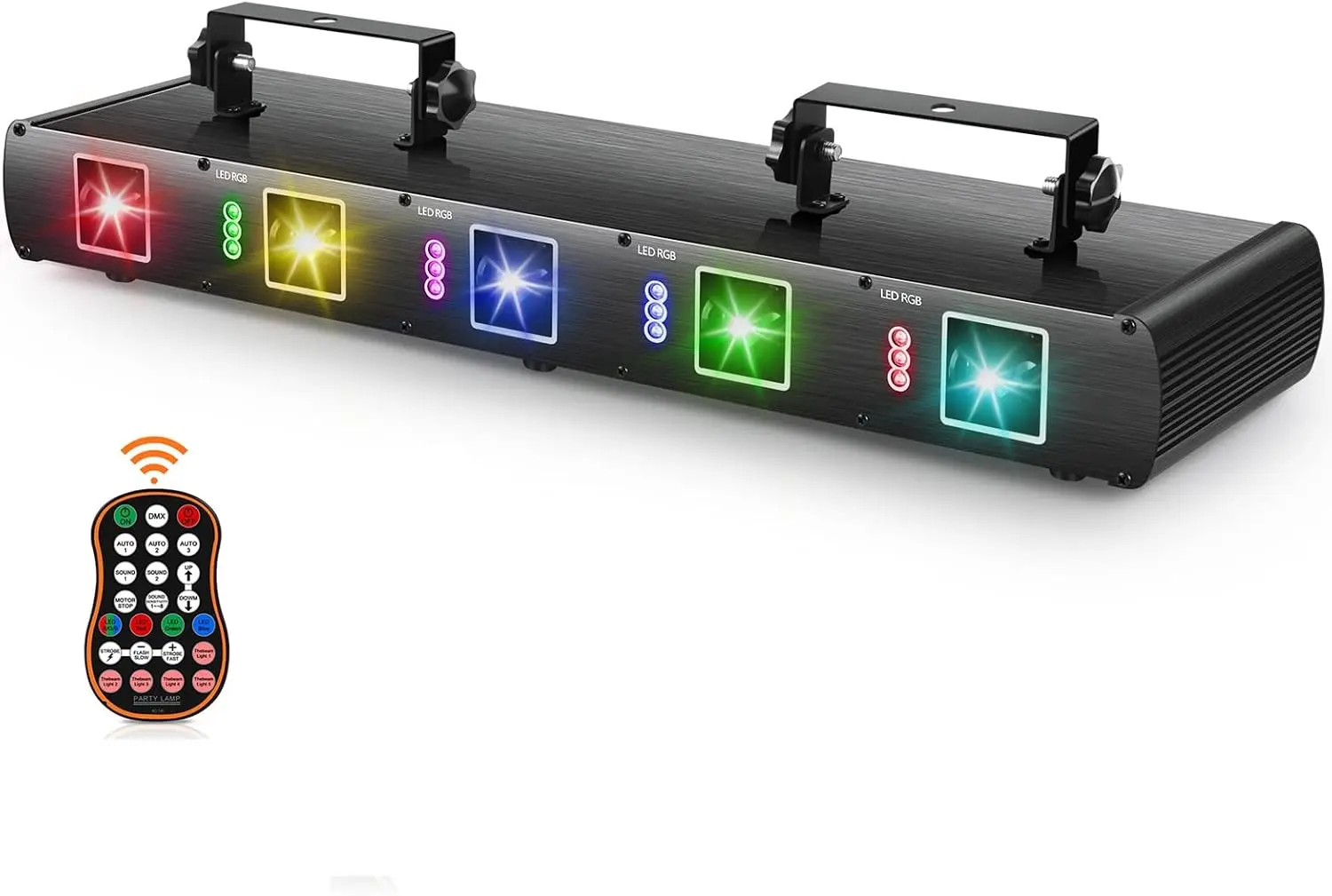 Stage Laser Light, 5 Beam Sound Activated DJ Party Lights RGBYC LED Music Projector with Remote Control DMX for Dancing
