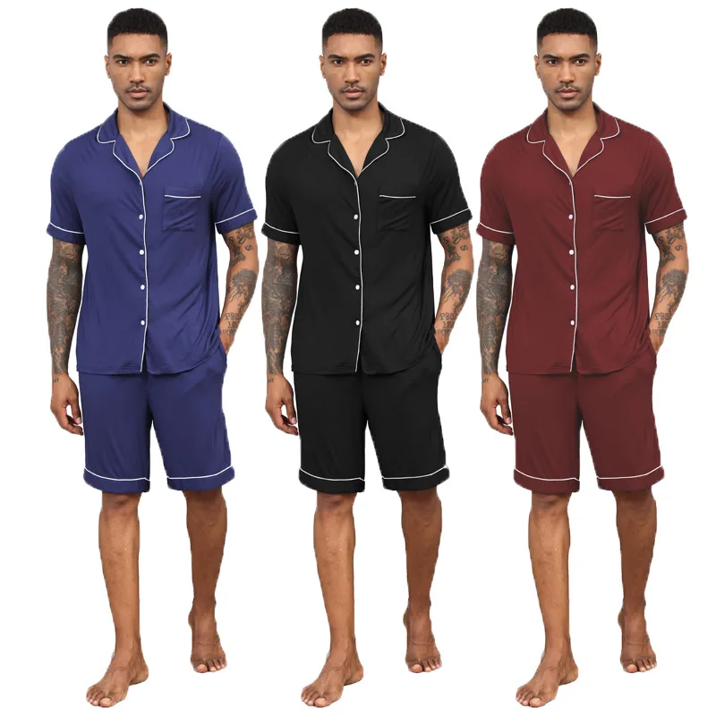 

Men Summer Loungewear Clothes Sets Buttons Down Nightwear for Men Viscose Modal Men Pajamas Set with Pockets