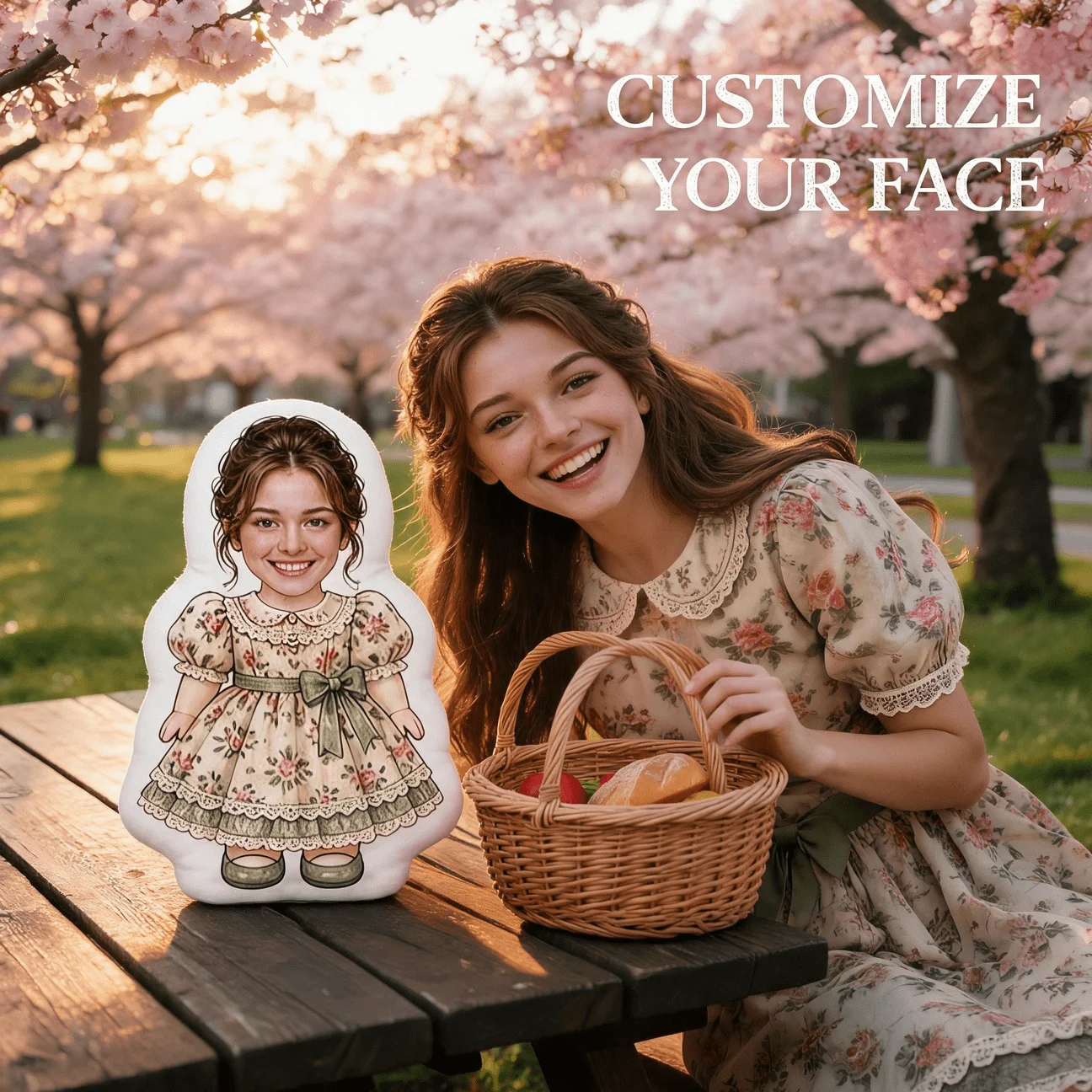 Custom Personalized Photo Shaped Pillow, Vintage Floral Dress Portrait Decorative Cushion, Unique Home Decor Accent for Sofa & B
