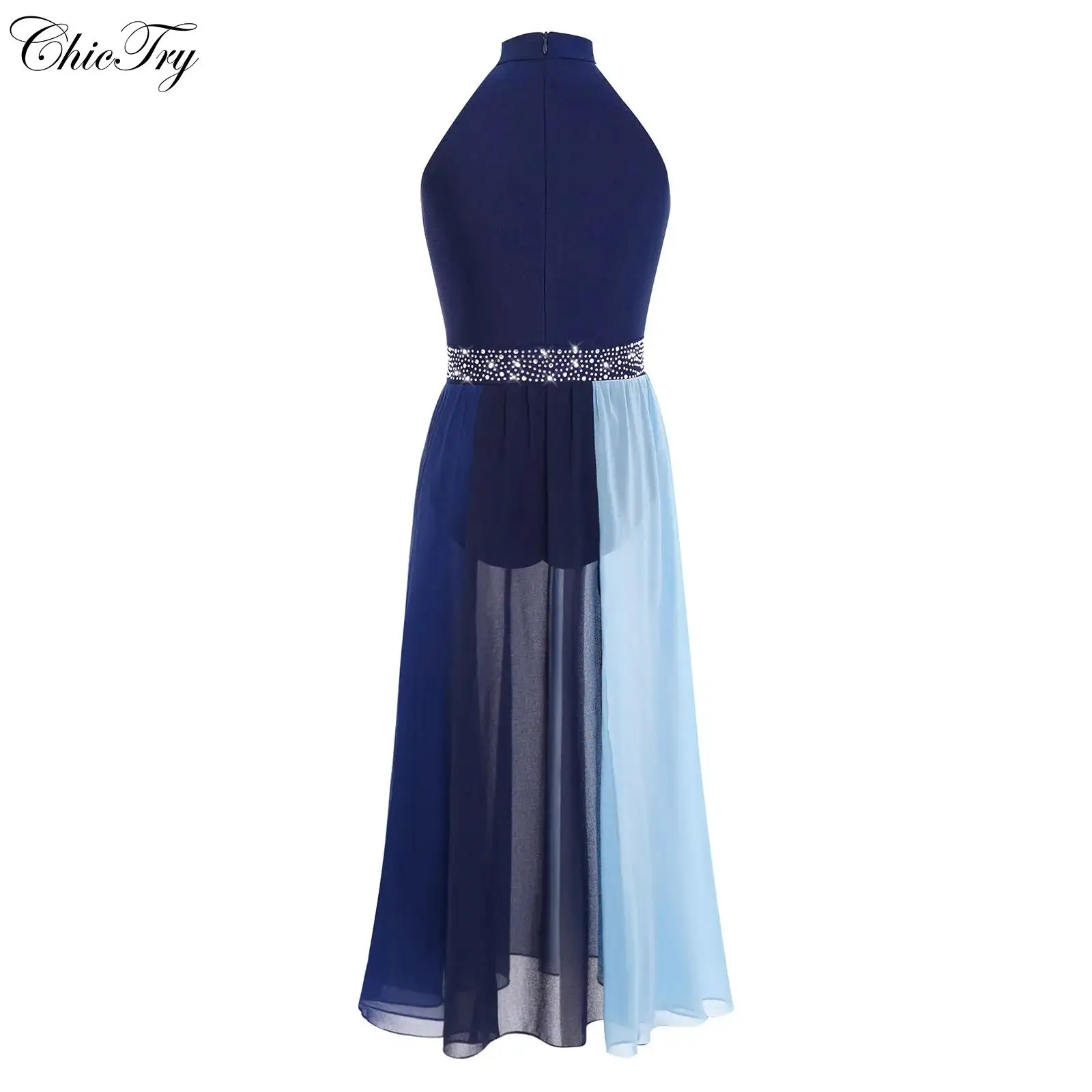 Kids Girls Lyrical Dance Dress Modern Contemporary Costume Sleeveless Rhinestones Color Block Side Split Chiffon Dress Dancewear