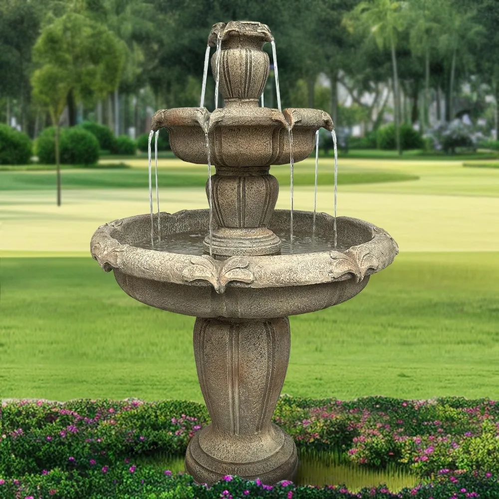 Outdoor Floor Water Fountain, 3-Tiers Concrete Water Fountain with Submersible Electric Pump - Garden Cascading