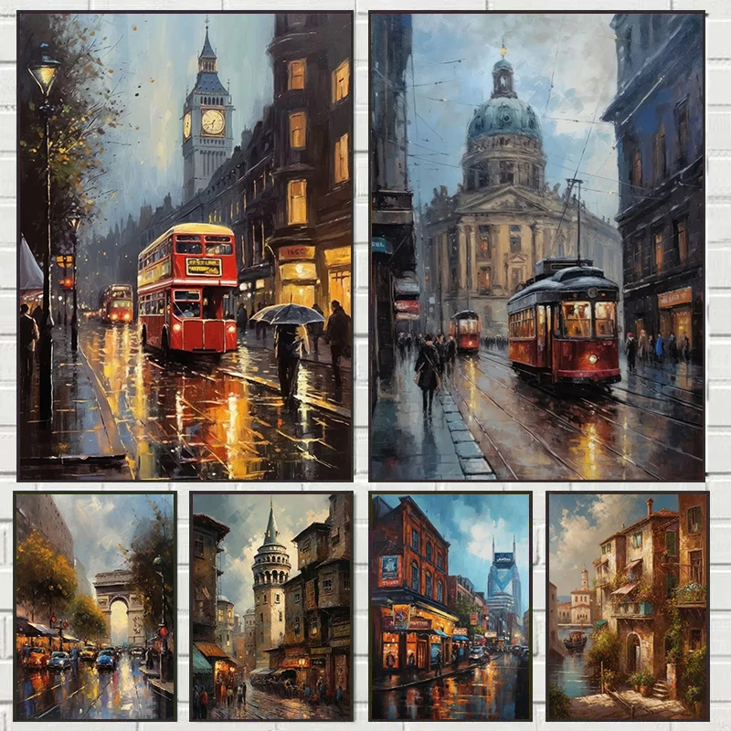 1pc frameless canvas Vintage Cityscapes Style London Parisian France Berlin Germany Poster Canvas Printing Landscape Wall Art Pi