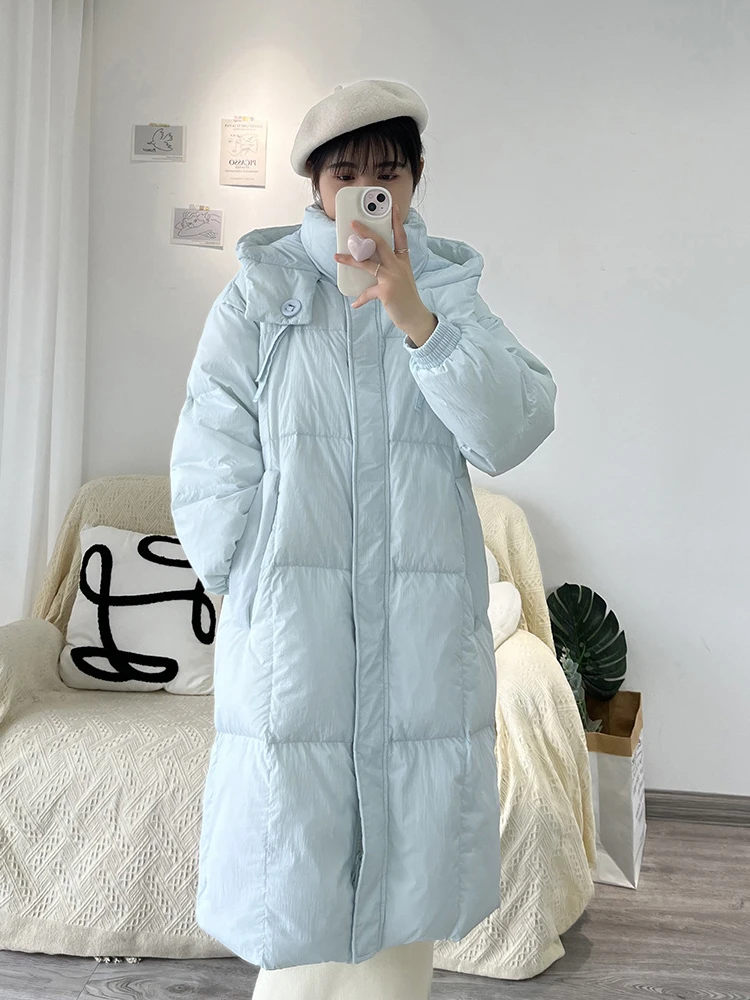 

Зимняя длинная куртка-пуховик Parker с капюшоном, женская однотонная свободная теплая верхняя одежда до колена, женские толстые пуховики на белом утином пуху