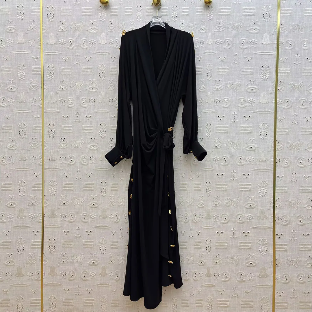 

Elegant Lady Fashion Black Long Party Dress Women V-neck Folds Side Lace-up Wraped Gold Button Decoration Long Sleeve Dresses
