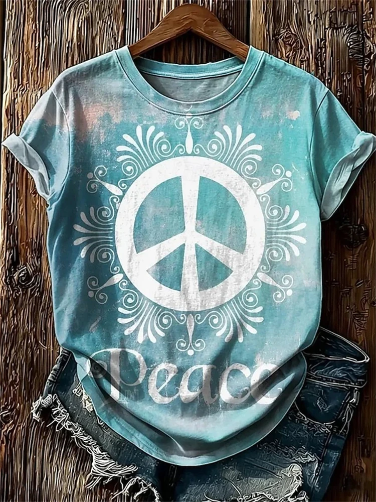 2026 New Arrival Women's Fashionable Short-Sleeve Casual T-Shirt with Peace Sign and Floral Print Loose-Fit Crew Neck Top