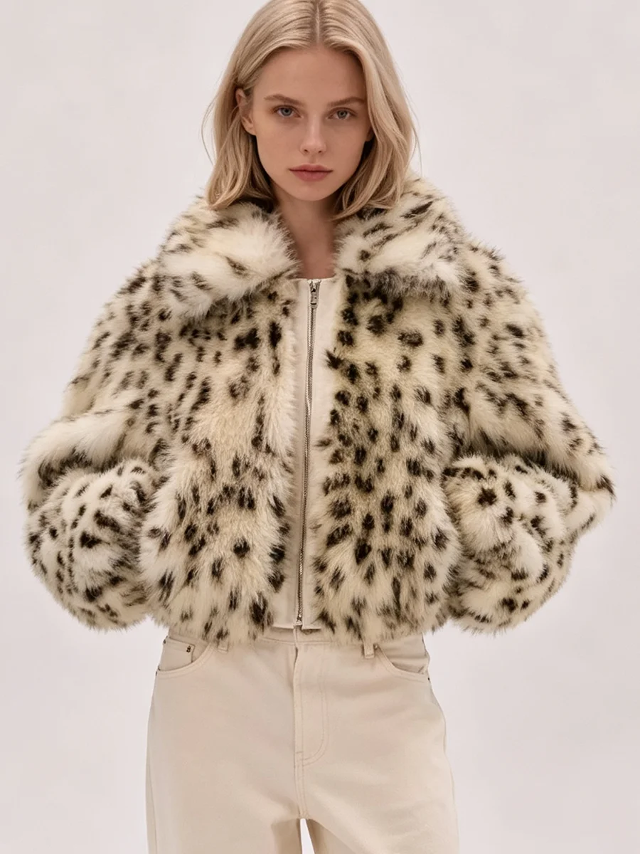 Women Leopard Print Faux Fur Cropped Jacket Lapel Collar Zipper Fluffy Winter Warm Outerwear