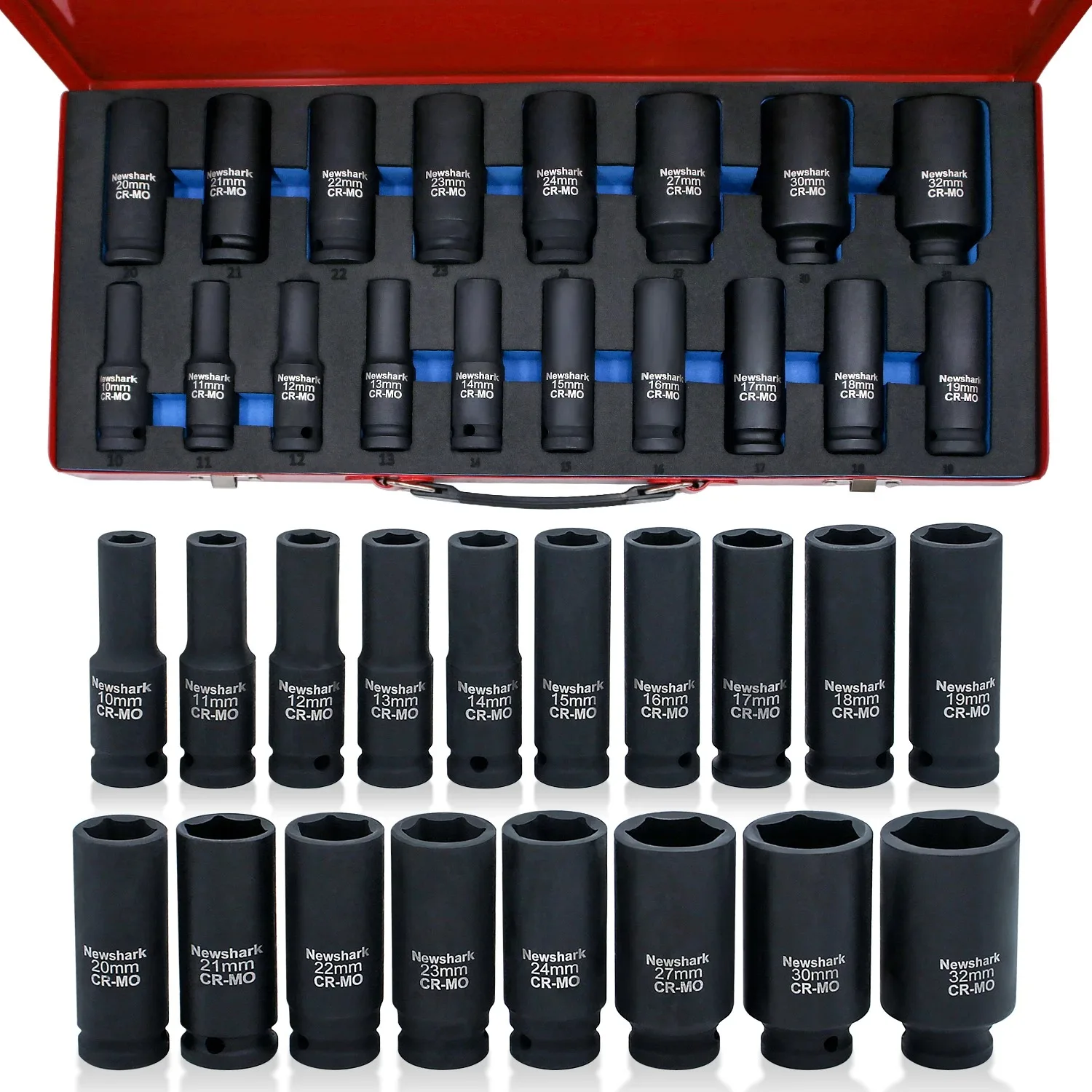 

18pcs Socket Set, 1/2 Inch Drive Metric Deep Impact Impacted Sockets 6 Sided, 10mm-32mm