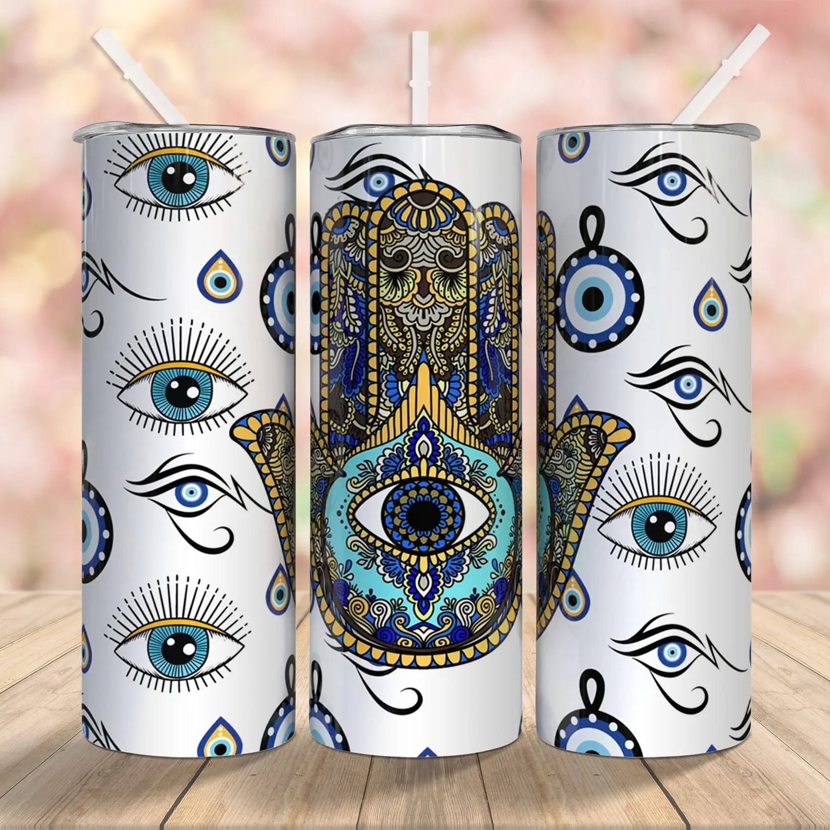 Evil Eye 20oz Skinny Tumbler, Celestial Zodiac Insulated Cup with Lid and Straw, Witch Vibes Tumbler, Summer Winter Drinkware