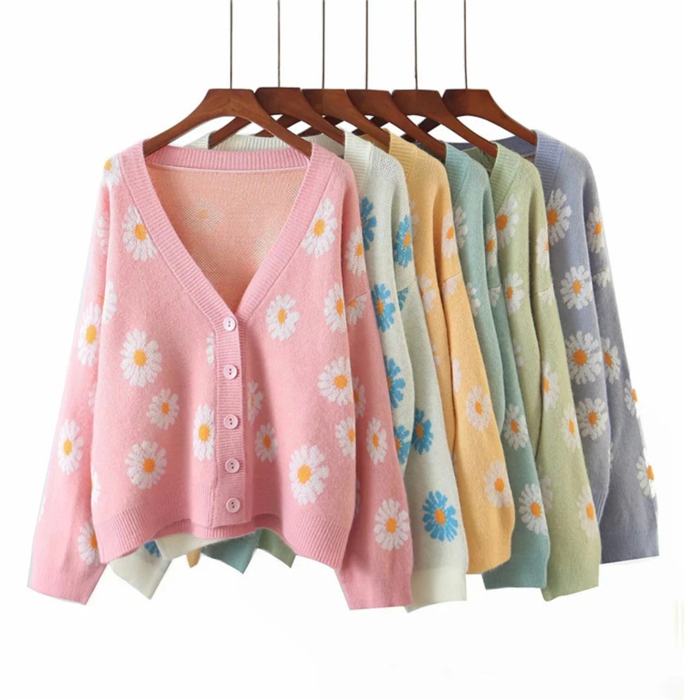 

2024 Femme Fashion Print Soft Sweater Ladies Full Sleeve Floral Single Little Daisy V-Neck Pull Oversize Cardigan Streetwear