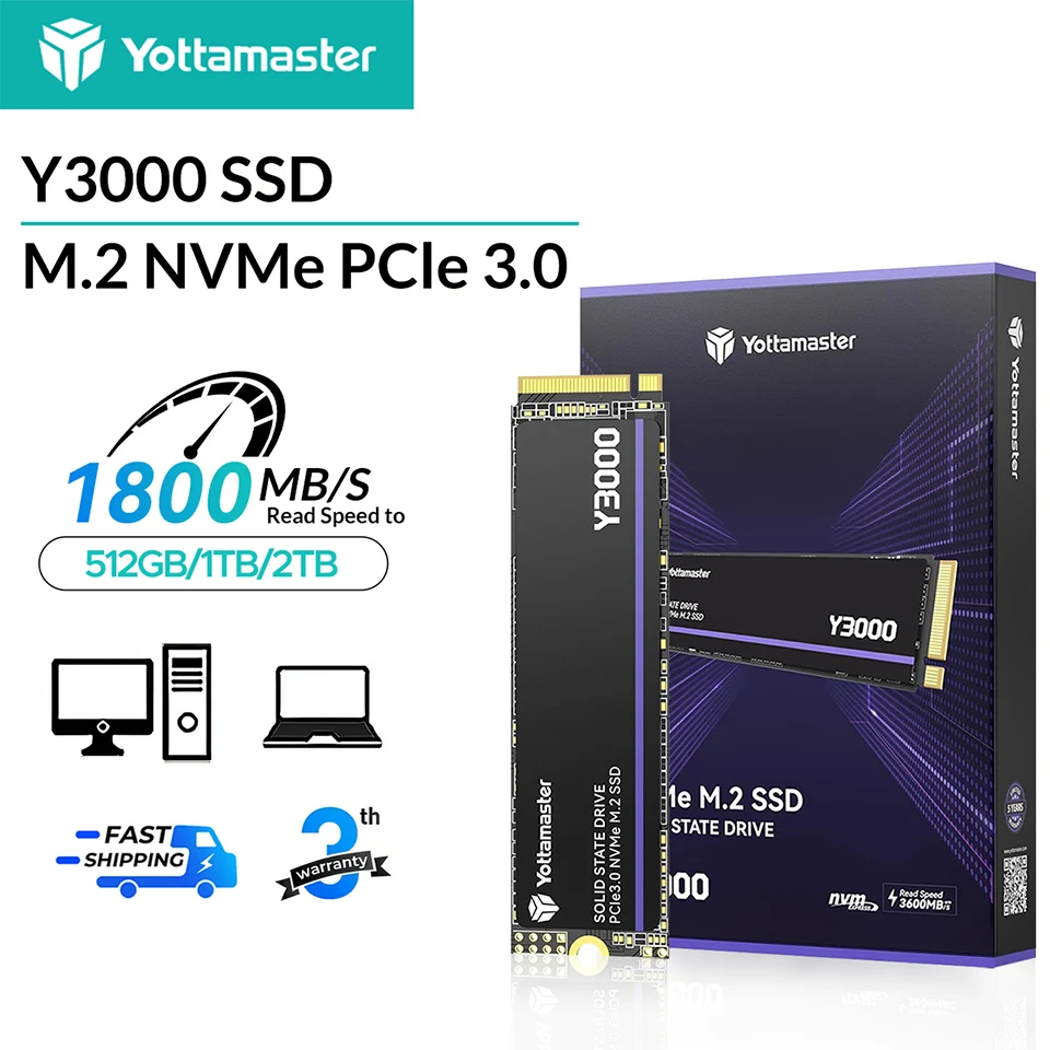 

Yottamaster Y3000 256GB 1TB SSD M.2 2280 NVMe Internal Solid State Drive PCIe 3.0 Up to 1800MB/s for PC Computer Laptop Gaming