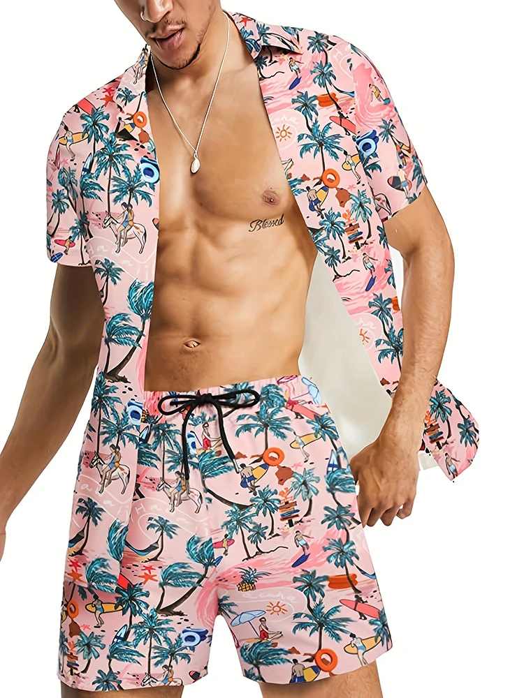 Conjunto de camisa y pantalones cortos de manga corta de Estilo Hawaiano para hombre, camisa informal de playa, pantalones cortos para exteriores de verano, nuevo